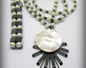 Set: Necklace and bracelet hematite and artificial pearls
