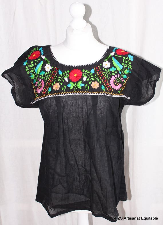 Black hand embroidered Mexican tunic traditional CHIAPAS