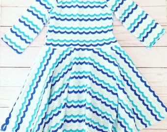 Size 9-12 Months Long Sleeve Waves Girls Twirl Dress, Ready to Ship