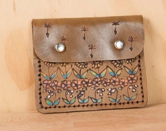 Card Holder Wallet - Womens Small Leather Wallet in the Seeds Pattern - Flower Garden in yellow, pink and antique brown