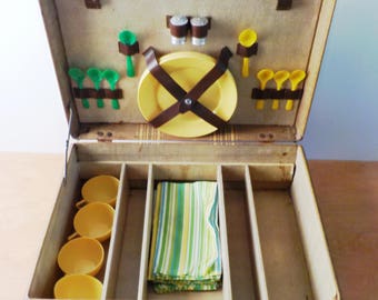Vintage Suitcase Picnic Set • Brown Tweed and Striped Hard Side Picnic Basket