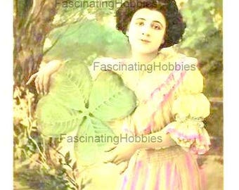 Vintage real photo - WOMAN, LUCKY SHAMROCK, Landscape- 1906 Vintage French Art Nouveau colored Postcard- written with stamp- good Condiion