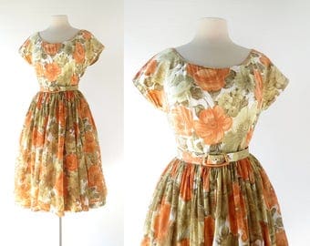 50s Floral Dress | Autumn Poppies Dress | 1950s Dress | Small S