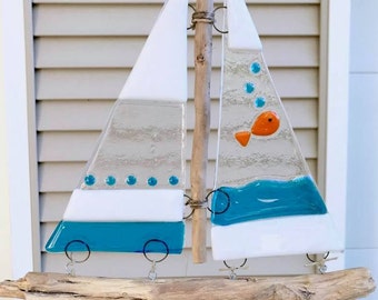 Bubbly Goldfish Fused Glass and Driftwood Sailboat Suncatcher