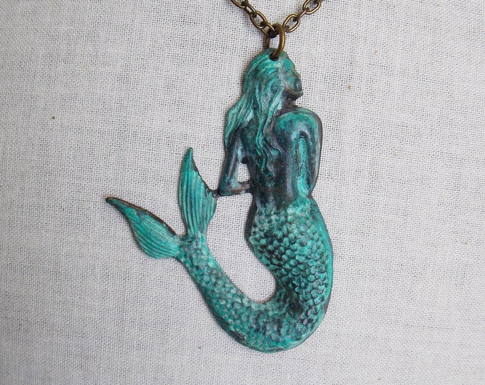 Brass Mermaid Patina Necklace Blue Green Ocean Nautical Seaman Beachy Verdigris Patina Blue Jewelry Gift