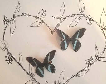 Light Blue "Stripe" Silk Butterfly Hairclips