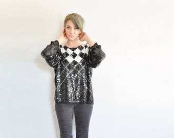 sequin checker court jester blouse . black white silver sequin bling shirt .medium.large.extra large.xl