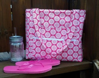 Large Pink Tote Bag / Beach Bag / Beach Tote / Tote Bag With Zipper and Pockets / Pink Yarrow Bag / Handmade Bag / Gift For Her
