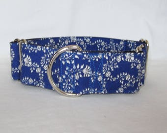 Blue Floral Martingale Dog Collar - 1.5 or 2 Inch - cream vintage country rustic beautiful elegant flower