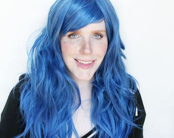 SALE Blue wig | Long Blue wig, Curly Wavy blue wig | Scene wig with bangs, Cosplay wig, Halloween wig | Island Gardenia