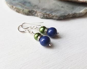 Seahawks Green and Navy Blue Swarovski Crystal Pearl Earrings by Quintessential Arts
