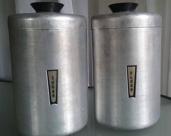 Aluminum Flour and Sugar Tins, Vintage Kitchen Storage, Brushed Aluminum, Set of Two Containers, Black Handles, Kitschy Kitchen, Canisters