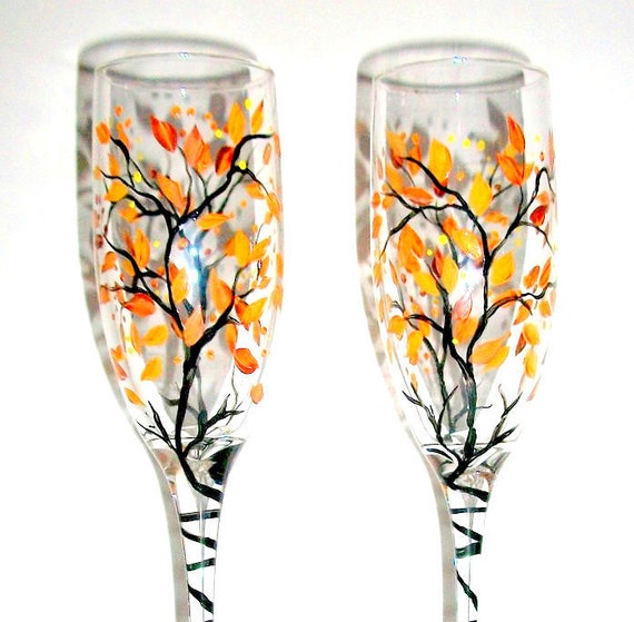 Fall Leaves Fall Trees Autumn Hand Painted Wedding Champagne
