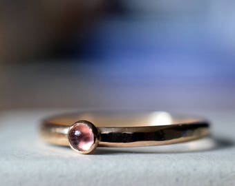 Tiny Pink Tourmaline Ring, Natural Gemstone Ring, 14K Gold Filled Stack Ring, Promise Jewelry, Hammered 14K Gold Filled Stacking Band