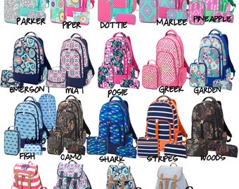 Monogram Backpack OR Monogrammed Lunchbox, Monogram bookbag, Personalized Bookbag, Preppy Monogram Wristlet, Booksack, Backpack and Lunchbox