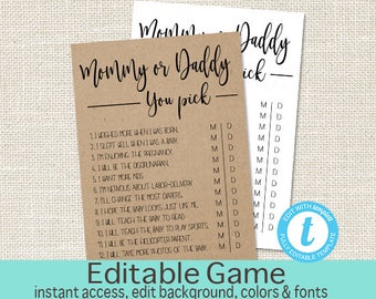 Printable Rustic Baby Shower Mommy or Daddy Game, Printable Kraft Shower Games, Editable game, Templett, Instant Download