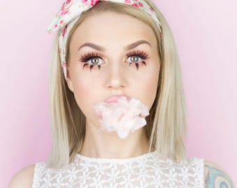 Cream with vintage pink floral Print - Pin up WIRE ROCKABILLY Headband Hair Wrap