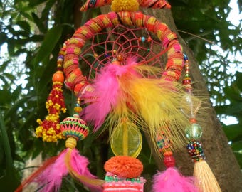 Tribal Dreamcatcher With Vintage Textiles, Beads, Shells, Feathers, Tassels and Magic