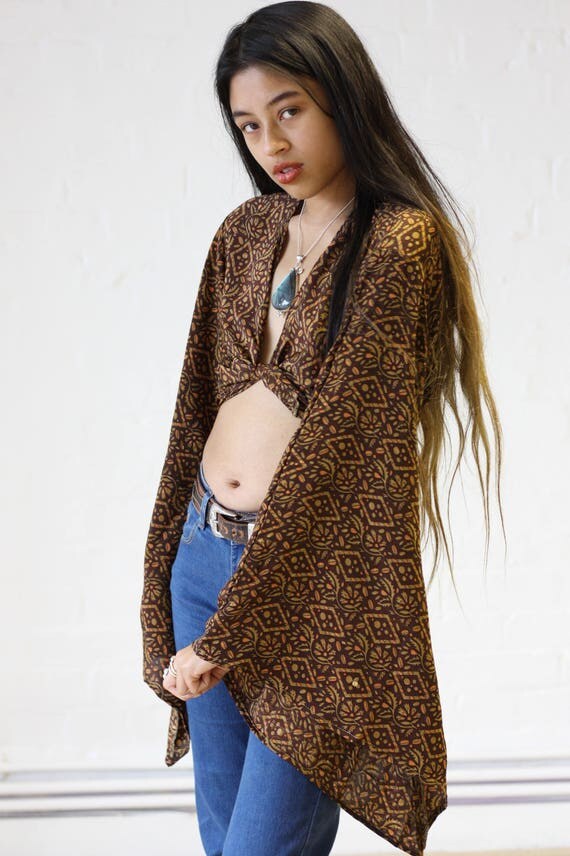 AUTUMN CROP TOP - Bell sleeve crop top- Silk Tie Top- Vintage- Festival Top- Retro- 70s- Crop Top- Shawl- Kimono- 100% Silk- Couture