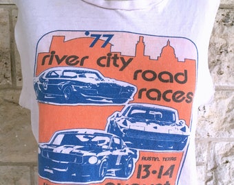 70's Cut Off T-shirt Auto Raching Austin T shirt Pink Distressed Texas Tshirt Small Vintage Tank Top Cut Off Sleeves River City Road Races