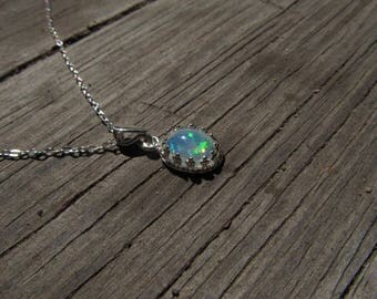 Genuine Opal Necklace Ethiopian Opal Necklace Silver Welo Opal Necklace Moonstone Sterling Necklace White Fire Opal Pendant- Glowing