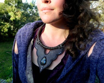 Labradorite Statement Necklace Tribal Adornment Gemstone Jewelry Recycled Leather Jewelry by Ariom Designs