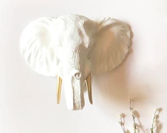 LARGE WHITE with Gold Tusks Faux Taxidermy ELEPHANT Head wall mount faux animal head wall hanging elephant wall art safari wall decor office
