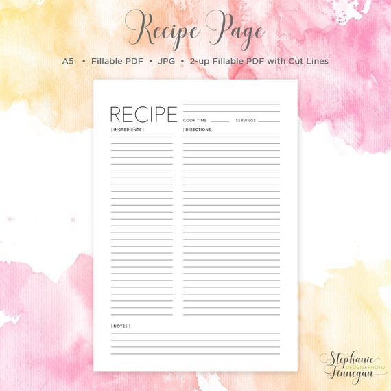 A5 Recipe Page Recipe Page A5 Recipe Book Recipe Card