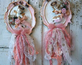 Ornate cherub plaque set wall hanging shabby cottage chic plaster angel reliefs vintage embellished chalkware decor anita spero design