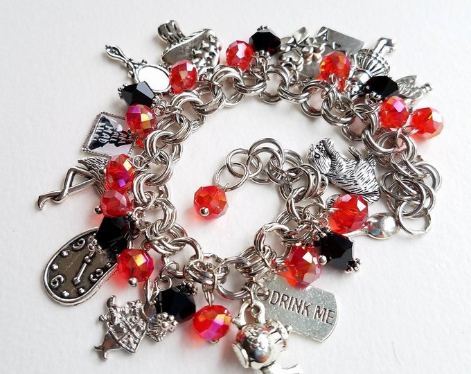 Alice in Wonderland Message Quote Charm Bracelet All Mad Here rabbit Red Black Crystals Drink Me Charm #2M-122