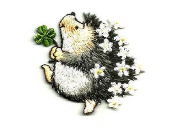 Hedgehog - Hedgie - 4 Leaf Clover - Flowers - Erinaceinae - Embroidered Iron On Applique Patch