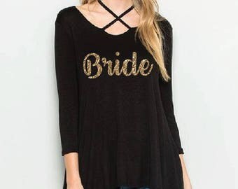 Bride Black Scoop Neck A line Tunic Shirt - Womens Tee. Criss Cross Oversize T-Shirt