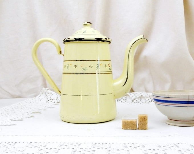 Antique Gooseneck Kettle Gold and Yellow Chippy Enamelware Coffee Pot, Cafetiere Decorated with Flower Pattern from France, French Decor