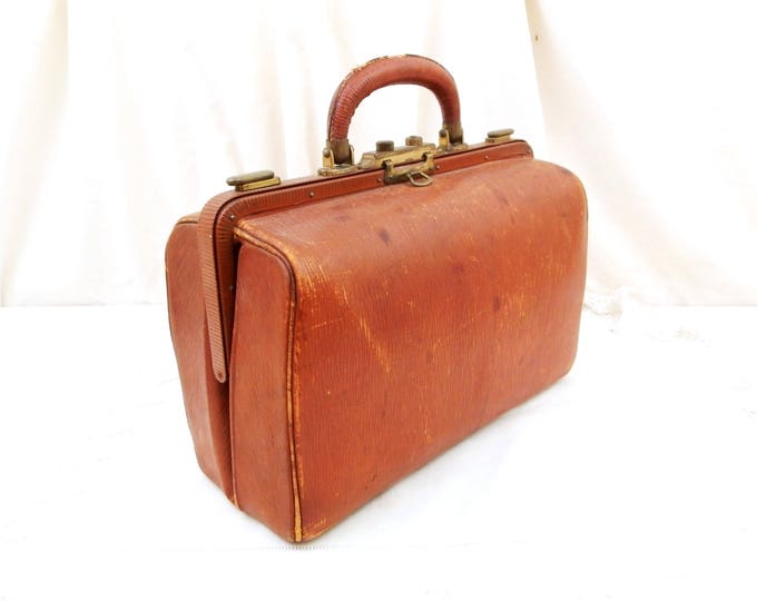 Antique French Leather Gladstone Bag, Leather Exterior and Interior, Doctor Bag from France, Small Portmanteau Suitcase, Retro Handbag