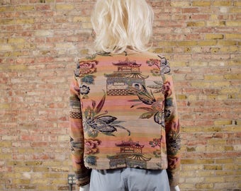 vintage tapestry jacket / cropped jacket / tapestry blazer / asian blazer / needlepoint blazer / bolero jacket / floral jacket