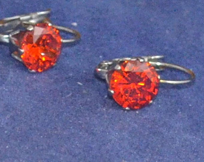 Red Zircon Leverback Earrings, 8mm Round, Natural, Set in Stainless Steel E1062
