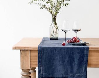 Navy Vintage Linen Table Runner with Hemstitch