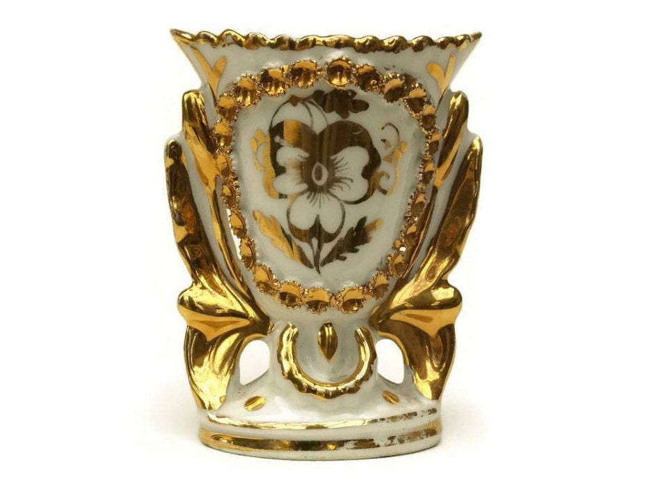 French Antique Small Porcelain Vase. Gold and White Ceramic Vase