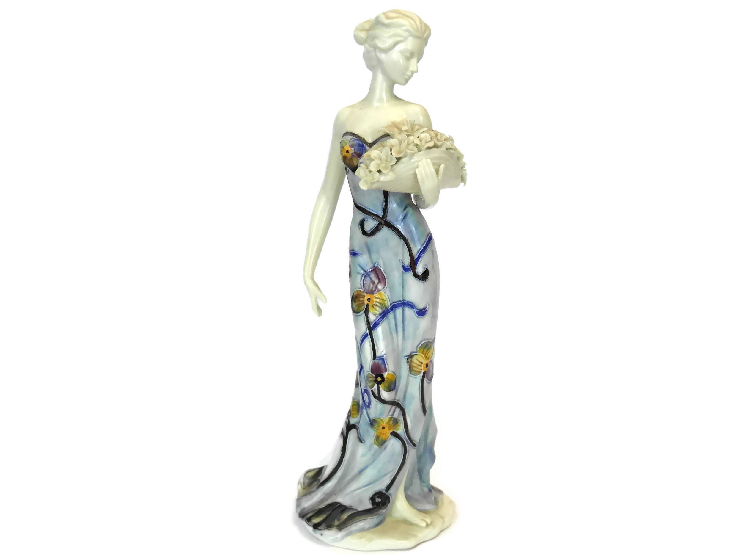 French Porcelain Lady Figurine with Frangipani Flower Basket. Woman Art