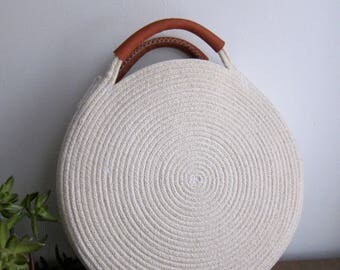 Round Market Bag with Recycled Leather Handles || Cotton Rope Purse - White Summer Market Bag || Circle Basket Bag