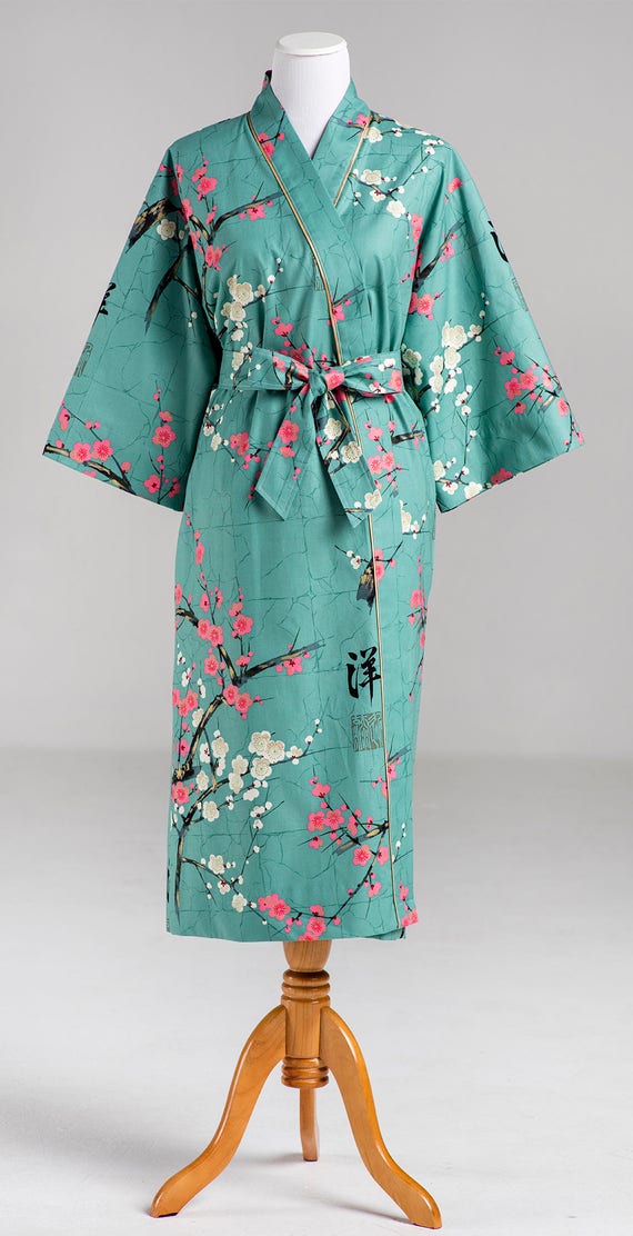 Kimono Robe Womens Long Robe Asian Floral Cotton Teal