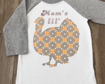 Boys Thanksgiving Shirt, Boys "Mom's Lil' Turkey" Thanksgiving Shirt, Boys Turkey Day Shirt, Grey Baseball Tee