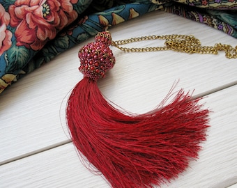 Red tassel pendant, beaded necklace, exclusive handmade jewelry, fashion 2017, unique tassel, statement necklace, gift for birthday OOAK
