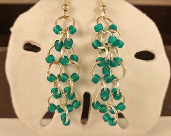 Teal Dangling Beaded Chainmaille Earrings