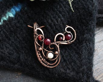 Shawl Pin Cardigan closure Sweater Pin Garnet Pearl brooch Copper pin Gemstone Wire wrap brooch Knitting accessory heart brooch