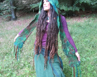 The 'Feeorin' Felted Fairytale Hooded Scarf, Pixie Hat, Woodland Scarf, Pixie hood, Fantasy Fae, LARP, Cosplay, Pagan Clothing, Wearable Art