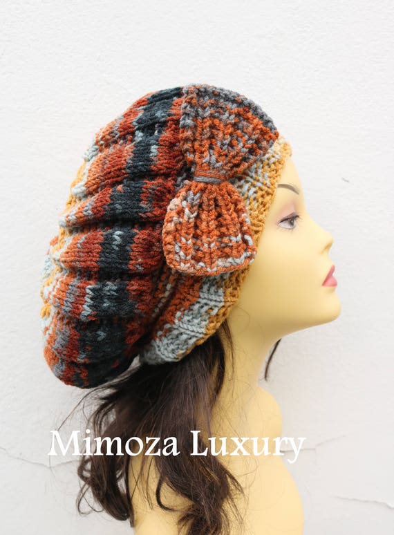 Brick Fox Orange/Brown Woman Hand Knitted Hat with Bow, Brick Beret hat with bow, Fox knit hat, slouchy knit women's hat with bow, winter