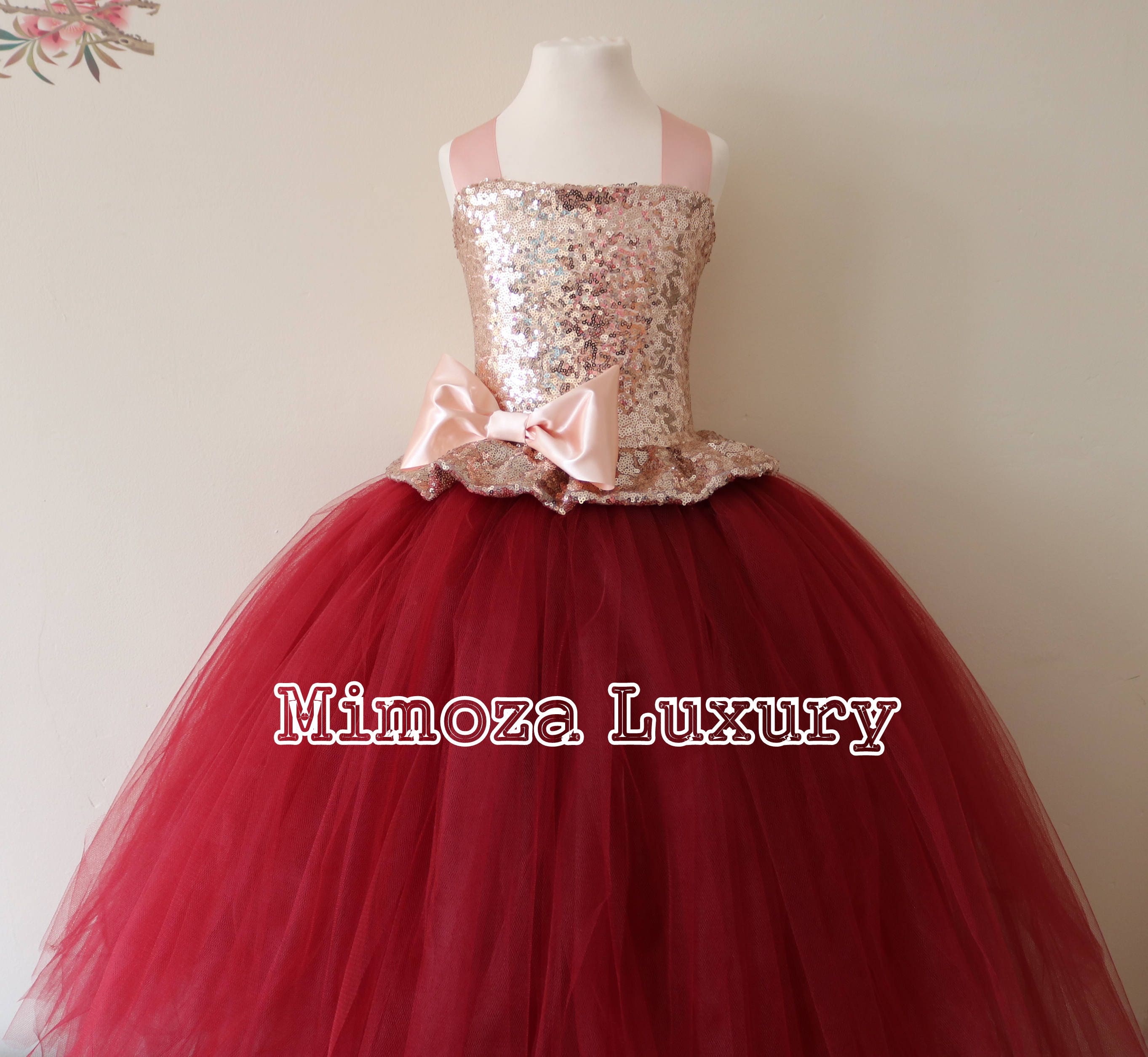 Rose Gold Burgundy Flower Girl Dress Bridesmaid Gown Bespoke Girls Tulle Princess Rose Gold Burgundy Flower Girl Dress Bridesmaid Gown Bespoke Girls Tulle Princess