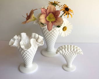 Vintage 1950s White Hobnail Milk Glass Vase Set of 3. Trumpet Shaped Flower Vases 7" & 5" and One Fan Shape. Crimped and Ruffled Edge.