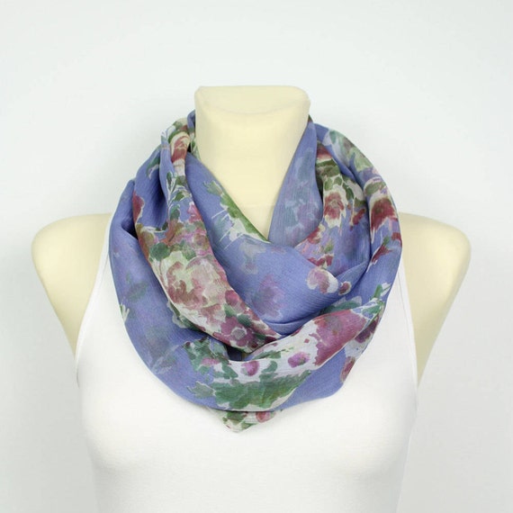 Silk Chiffon Scarf Blue Floral Scarf Unique Boho Scarf Silk Infinity Scarf Gift Women Summer Outdoors Summer Party Personalized Gift Womens